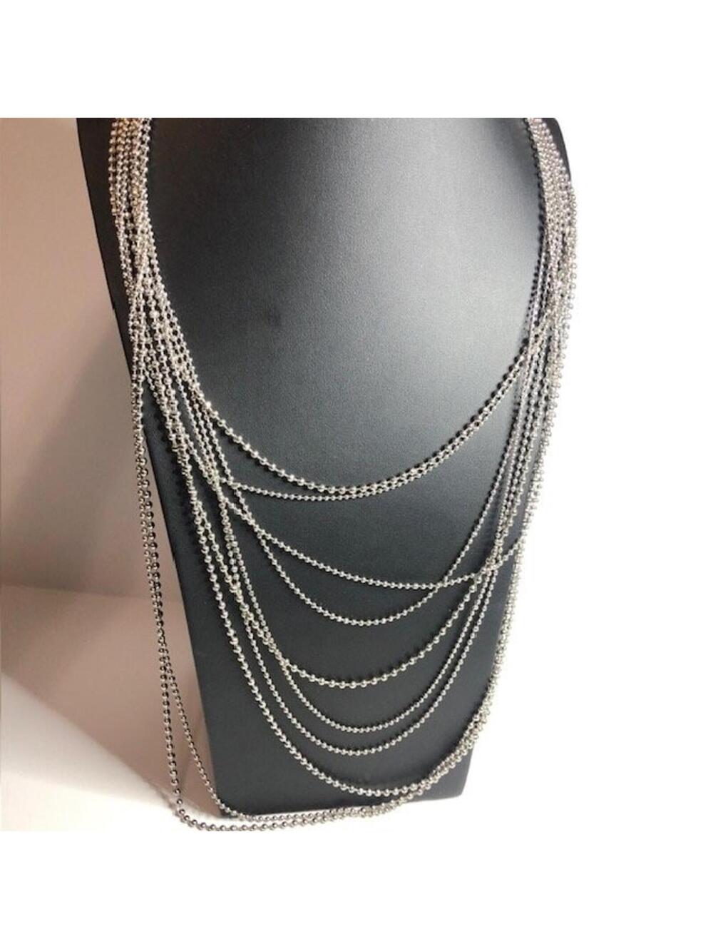 B1439 Chico's Multi-Strand Layered Ball Chain Necklace Silvertone Rhinestone 30" - Picture 2 of 3